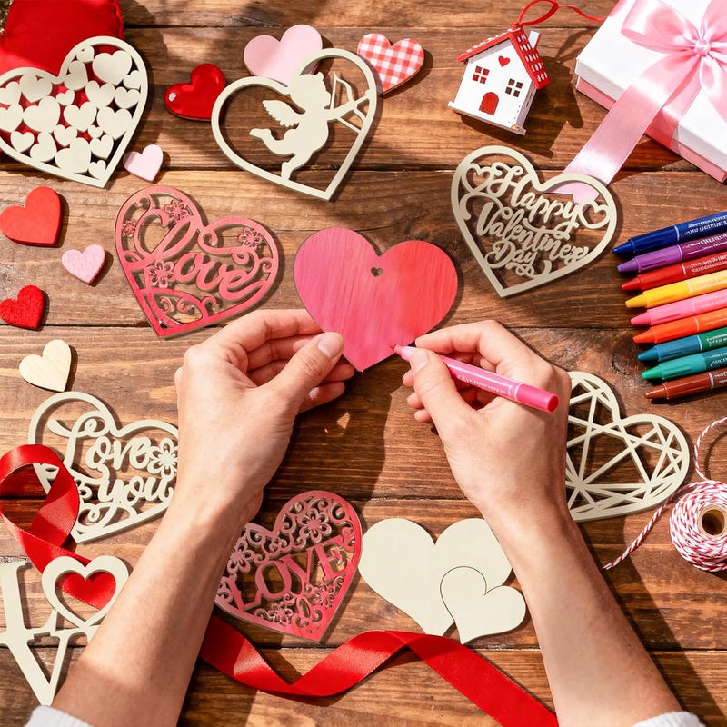 Sophena 80PCS Wooden Heart Ornaments to Paint Valentine's Day Craft,10 Styles DIY Blank Unfinished Wood Heart Cutouts Ornament for Crafts Spring Tree Hanging Decorations Love - Image 2